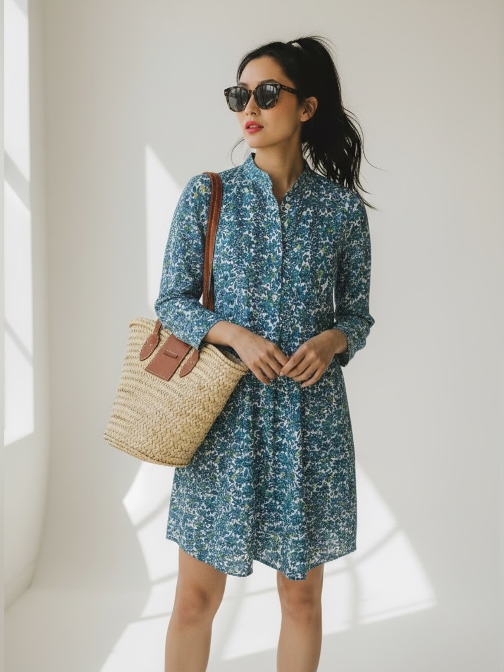 Poupette St. Barth Bea Floral Mini Dress Cotton Blue Waves pleated ruffles